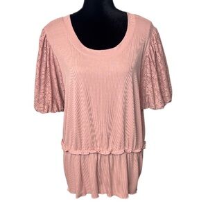 🌹Milk & Honey - Soft Pink Ribbed Top with Puffy Lace Sleeves - Size 2X